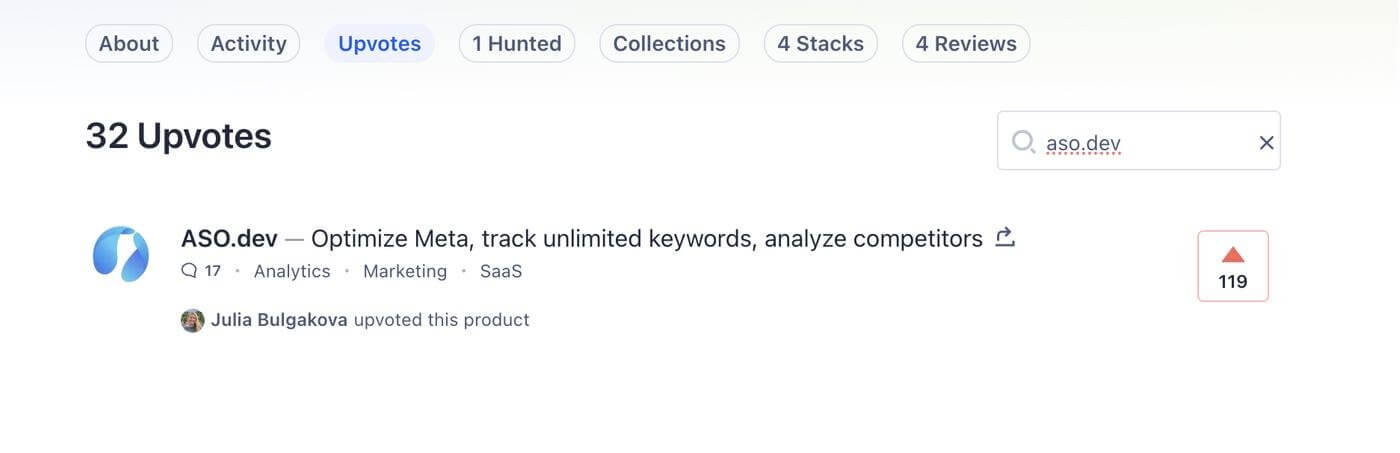 ASO.dev search upvote