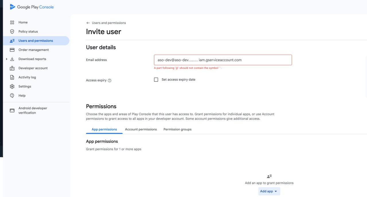 Inviting a user in Google Play Console