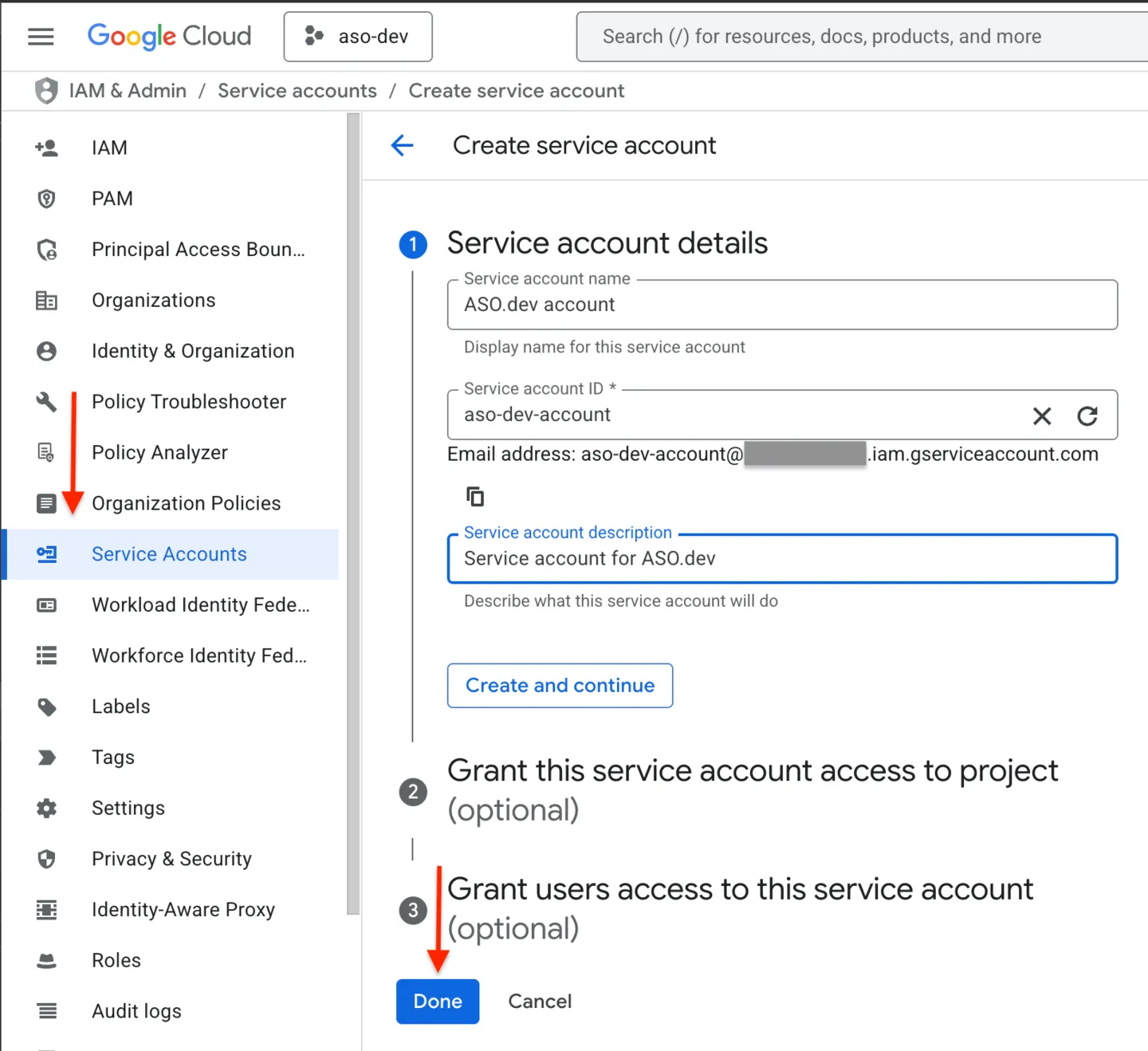 Создание сервисного аккаунта
